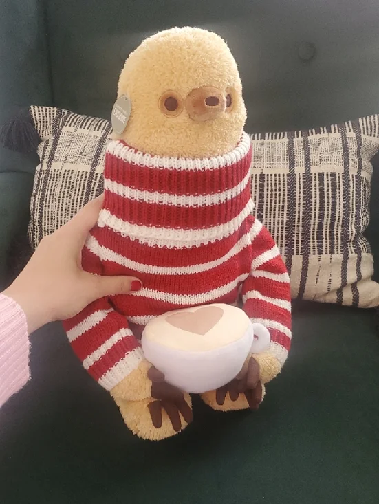 Pusheen Plush Sloth in Red and White Striped Sweater Holding Heart Latte - Picture 8 of 9